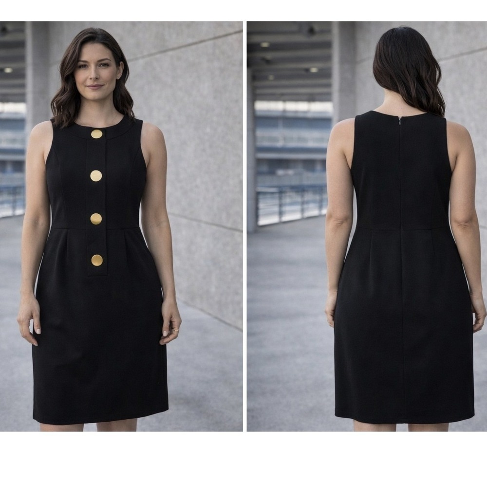 Donna Morgan Sheath Dress‎ Womens 8 Black Gold Button Mod Professional